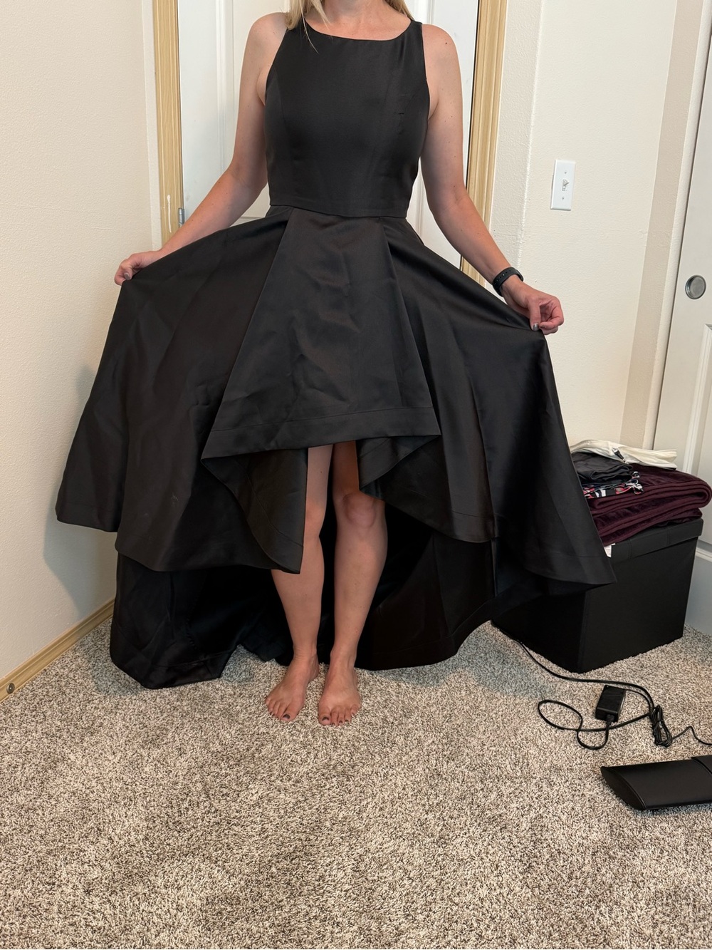 Adrianna Papell Black High-Low Satin Evening Dress